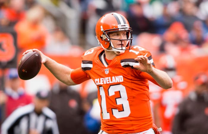 Former Browns quarterback Josh McCown fires a pass, 2016. On Oct. 11, 2015, McCown passed for 457 yards against the Ravens to set a franchise record for a single regular-season game.